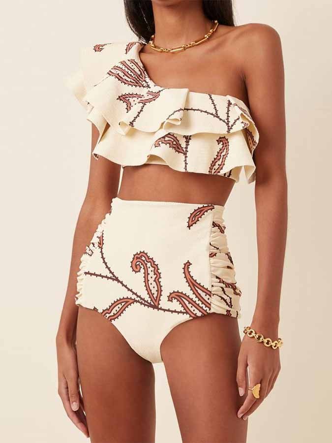 One-Shoulder Embroidered Printed Ruffled Swimsuit