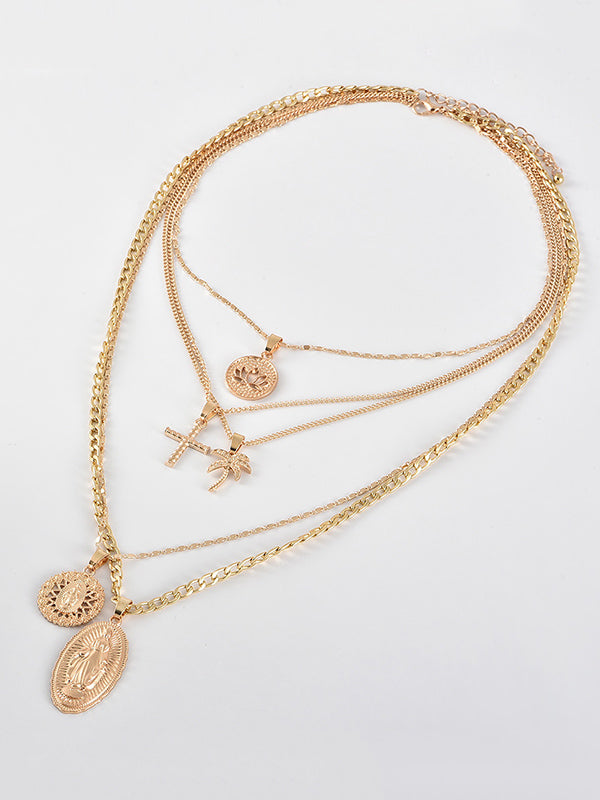 Fashion Coconut Tree Portrait Embossed Pendant Multilayer Necklace