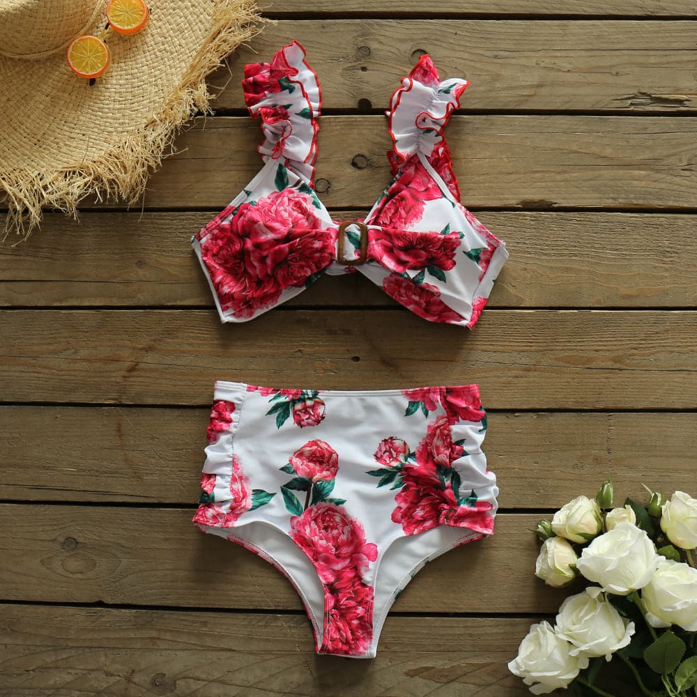 High Waist Floral Sexy Ruffle Bikini Set