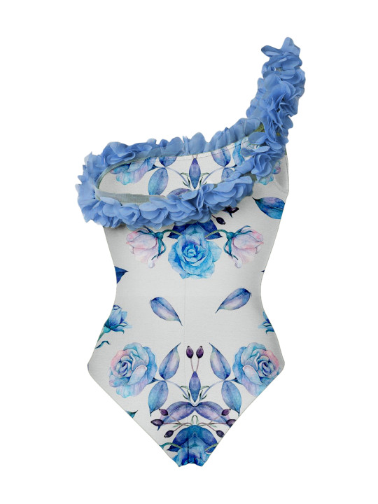 Printed Petal Trim One Piece Swimsuits and Cover-Ups
