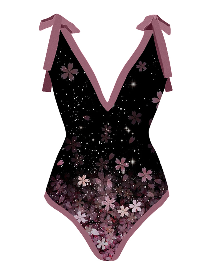 Fashion V-Neck Floral Gradient Print One-Piece Swimsuit