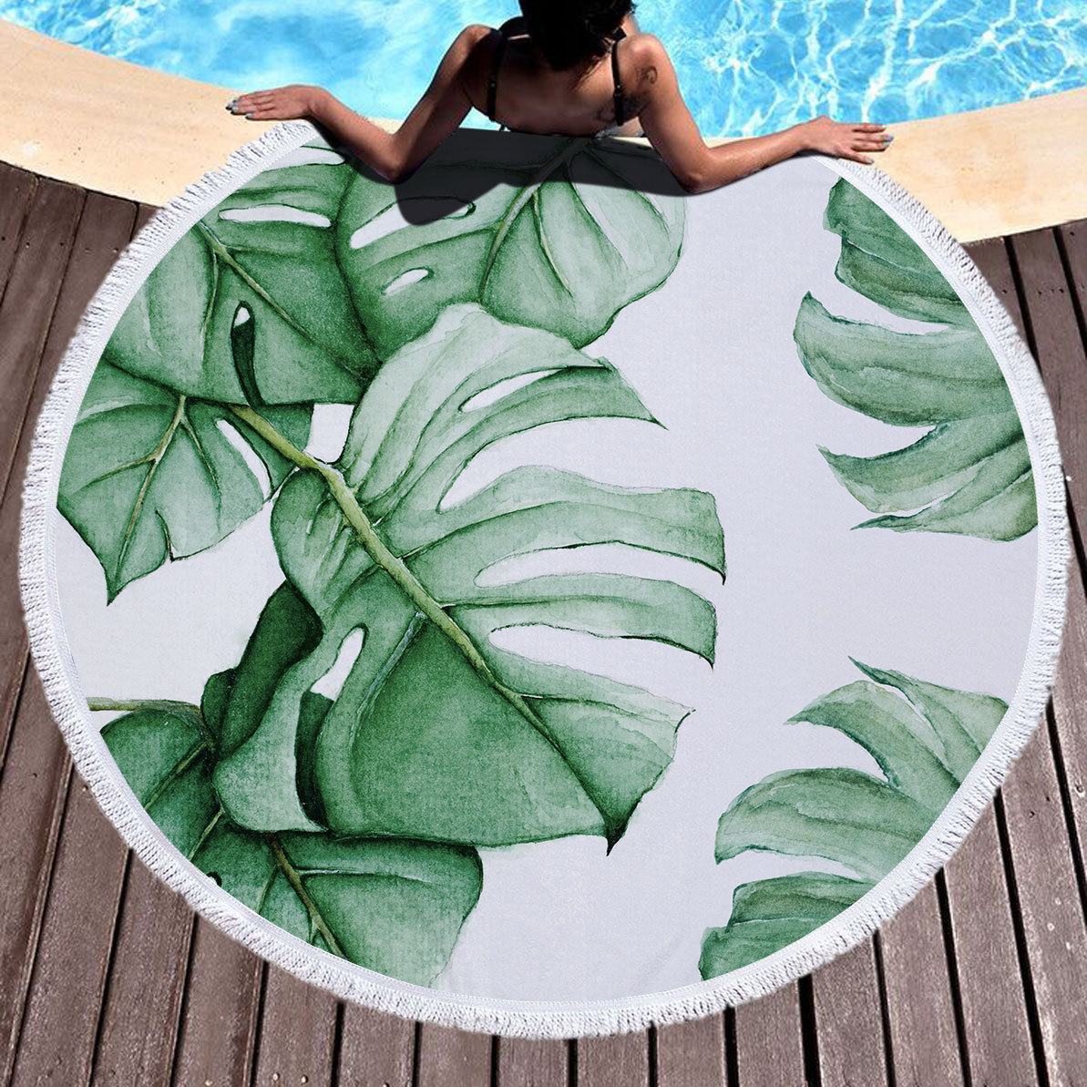 Leaves Print Round Shape Tasseled Beanch Mat