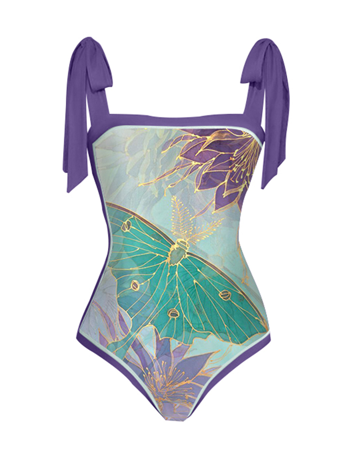Vintage Butterfly Floral Print One-Piece Swimsuit
