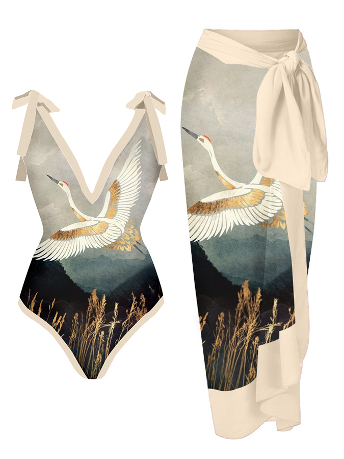 Vintage V-Neck Print One-Piece Swimsuit Set