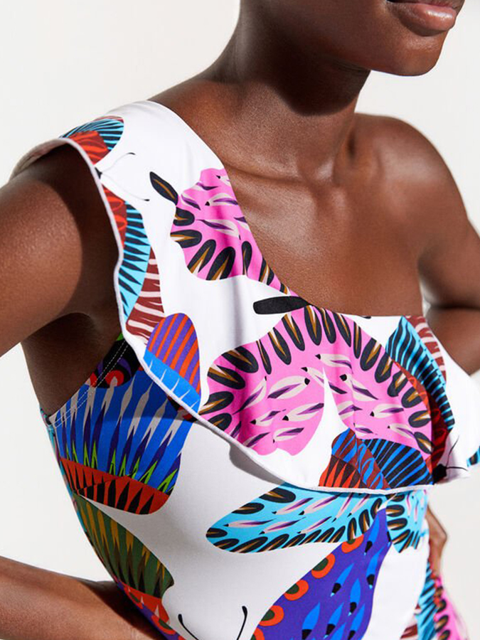 One-Shoulder Ruffle Print One-Piece Swimsuit and Skirt
