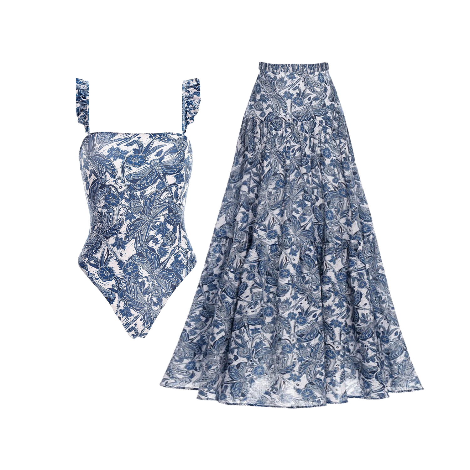 BEACHSHE BLUE DRAGONFLY PRINTED SWIMSUIT AND