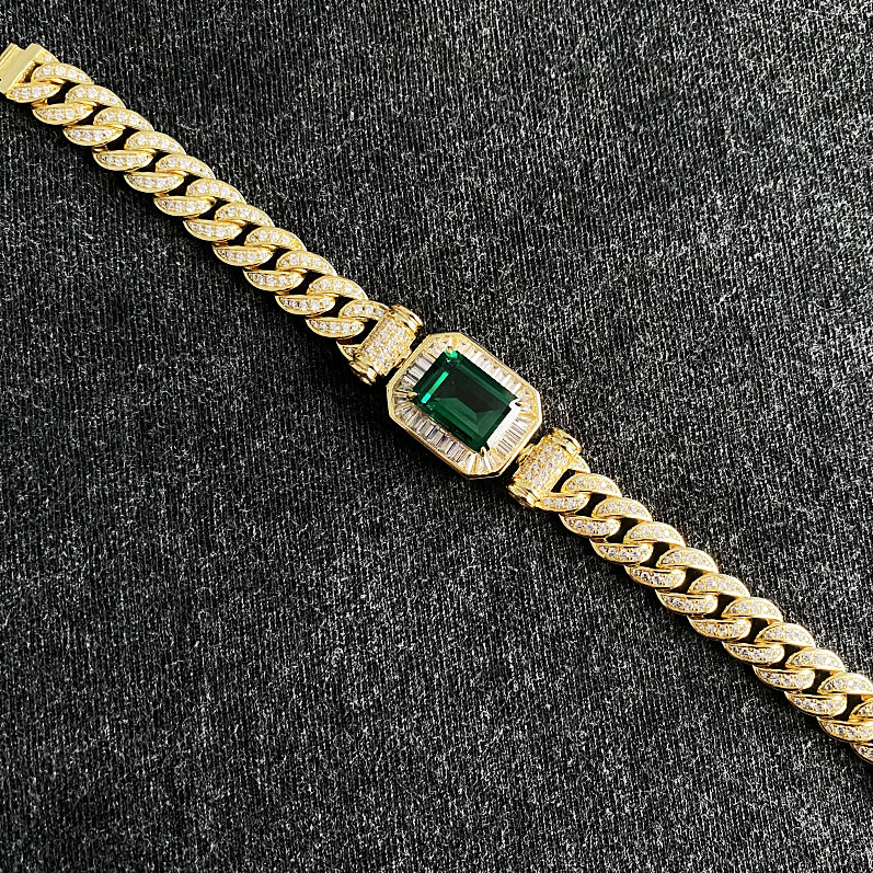 Cuban Chain Emerald Cut Green Sapphire Bracelet