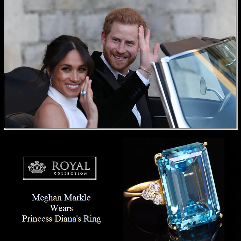 14ct Yellow Gold Octagon Cut Synthetic Aquamarine Solitaire Ring, Princess  Diana, Meghan Markle Ring