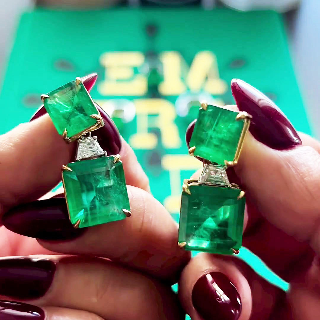 Princess Cut Emerald Sapphire Drop Earrings