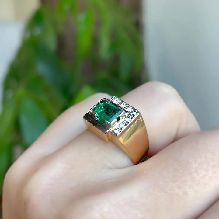 4ct Art Deco Emerald Cut Emerald Sapphire Men's Engagement Ring