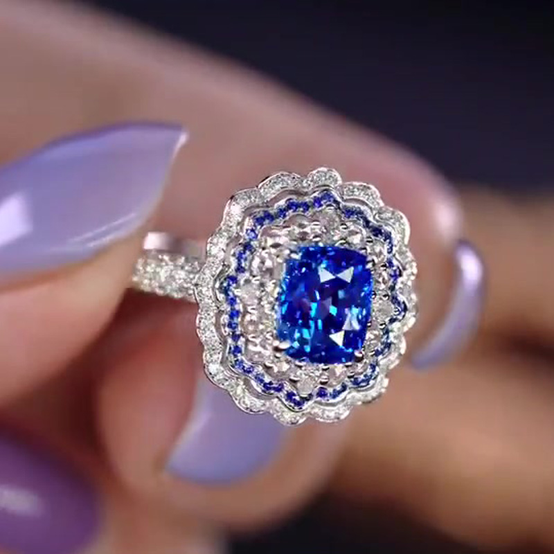 4ct Art Deco Halo Cushion Cut Blue Sapphire Engagement Ring