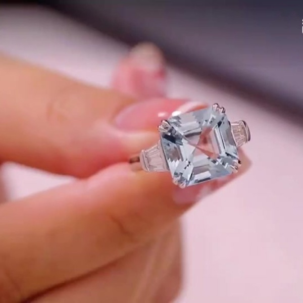 7ct Ascher Cut Aquamarine Sapphire Engagement Ring