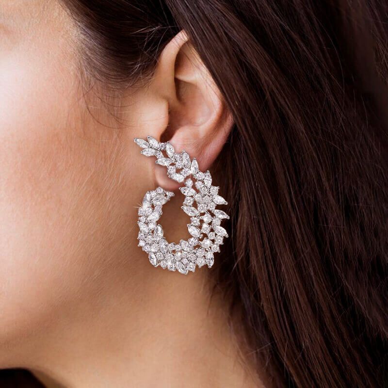 Leaf Design Marquise & Round Cut Circle Earrings In Sterling Silver