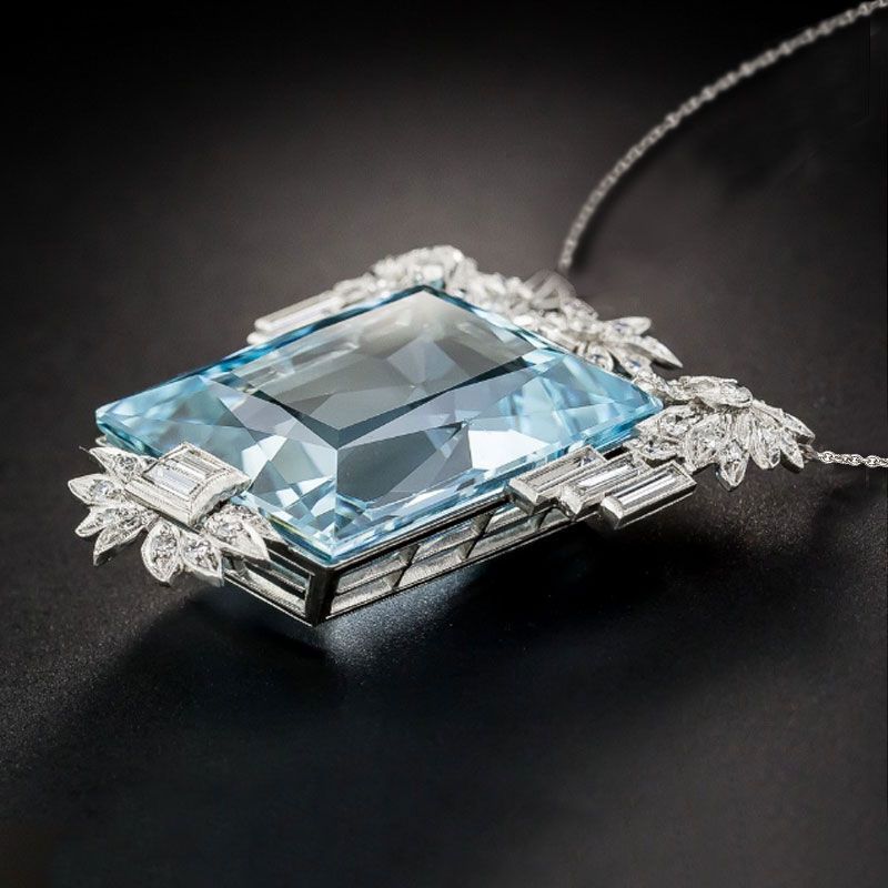 Art Deco Radiant Cut Aquamarine Sapphire Pendant Necklace