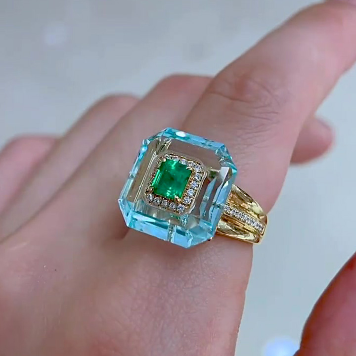 2ct Unique Emerald Cut Emerald Sapphire Engagement Ring