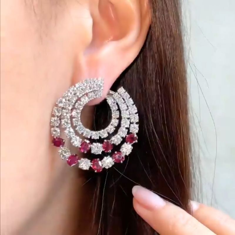 Swirl Round&Oval Cut Ruby Sapphire Hoop Earrings
