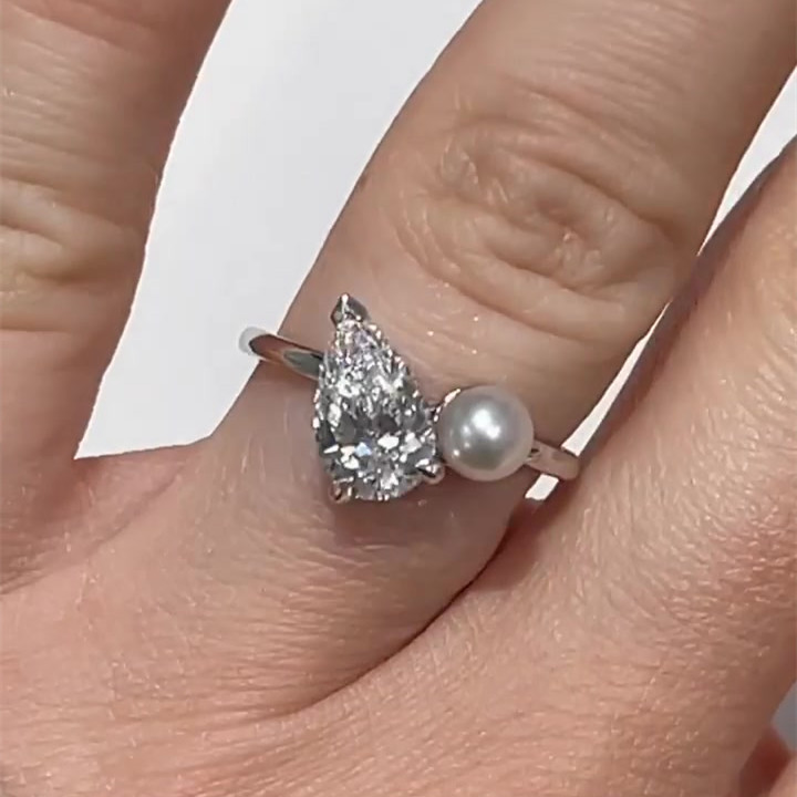 2ct Pear Cut White Sapphire Wedding Band with Pearl