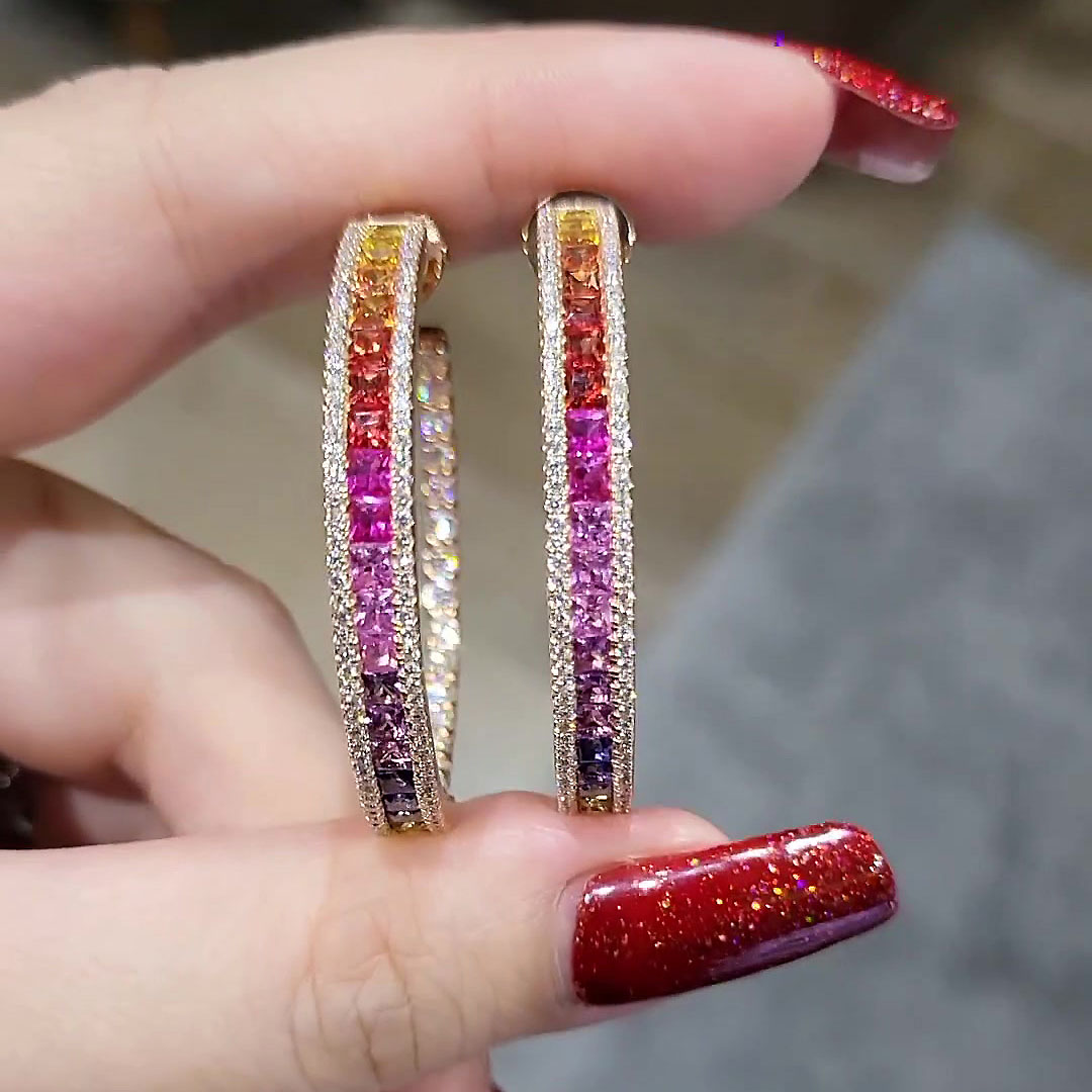 Princess Cut Rainbow Sapphire Hoop Earrings