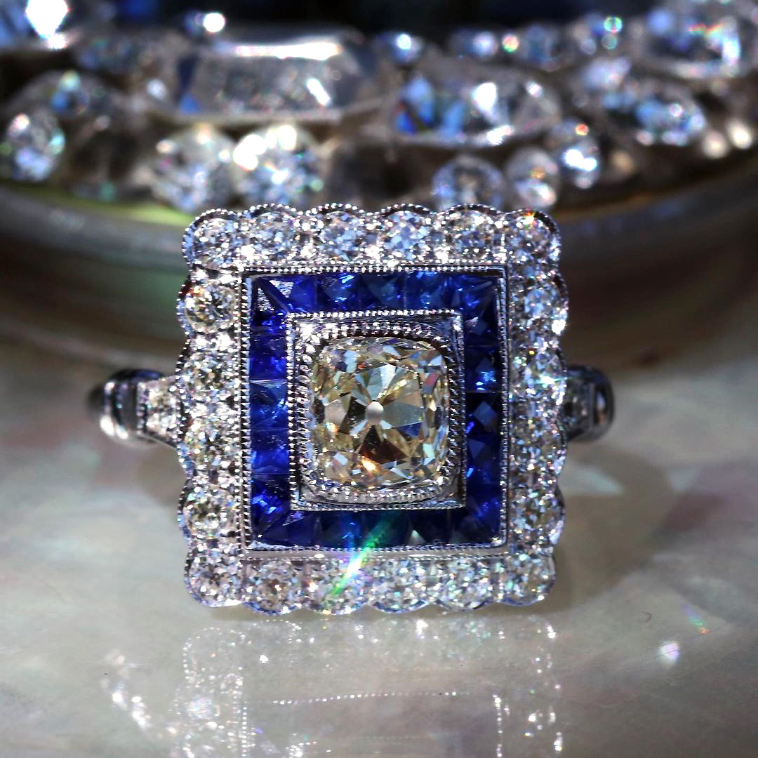 5ct Art Deco Sapphire Halo Cushion Cut White Sapphire Ring