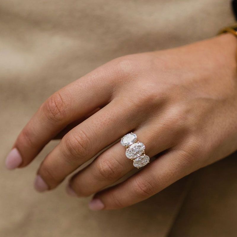 Three Stone Halo Oval Cut White Sapphire Wedding Ring