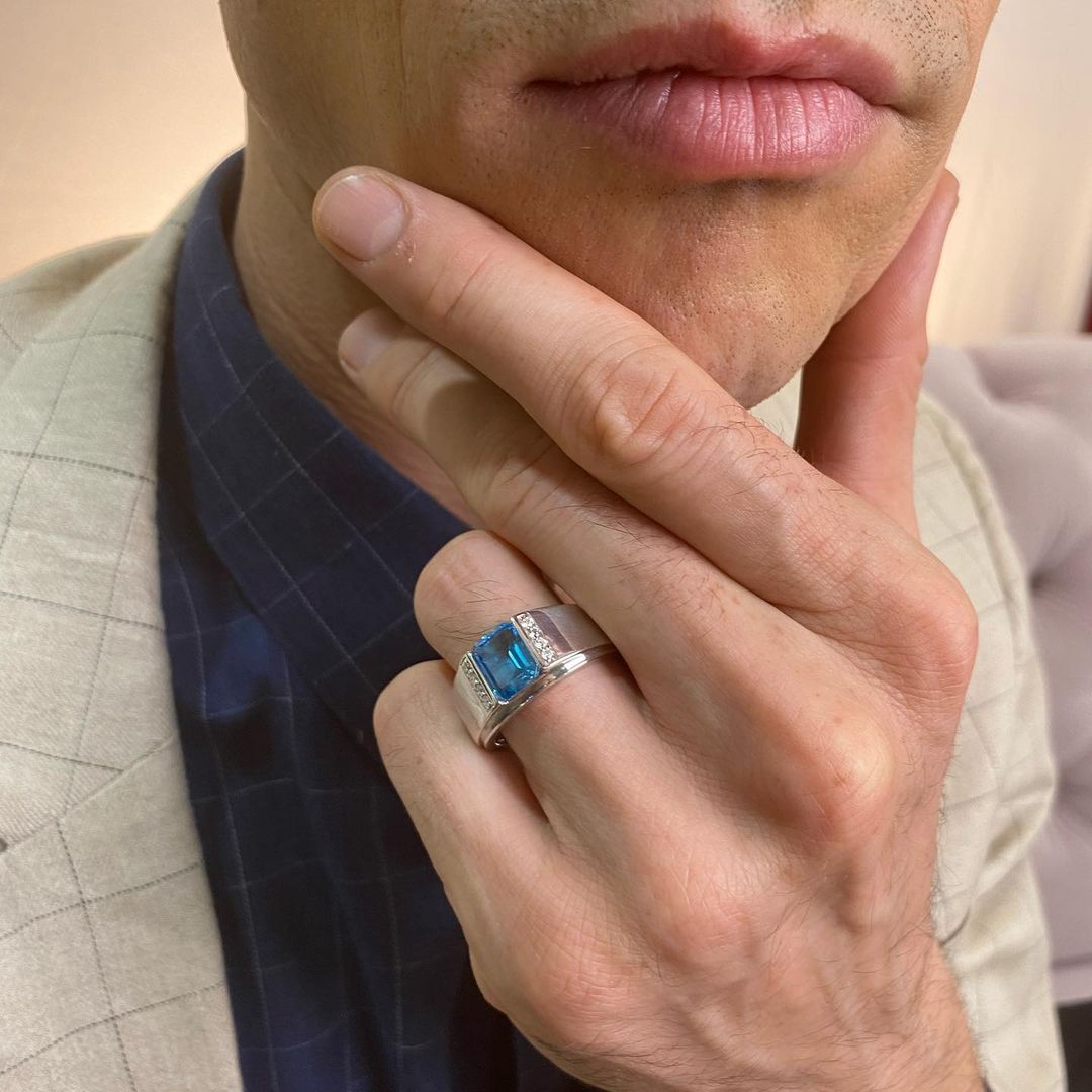 3ct Emerald Cut Aquamarine Sapphire Men's Engagement Ring