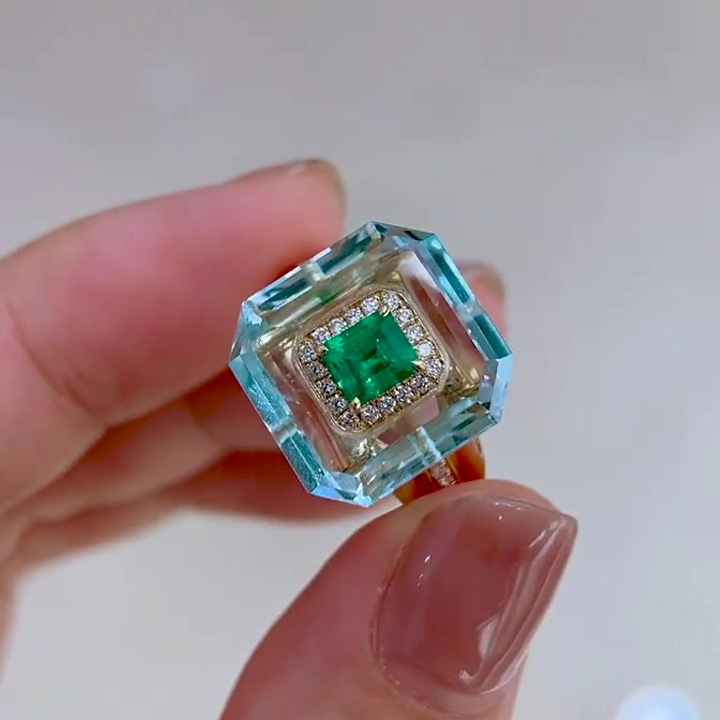 2ct Unique Emerald Cut Emerald Sapphire Engagement Ring