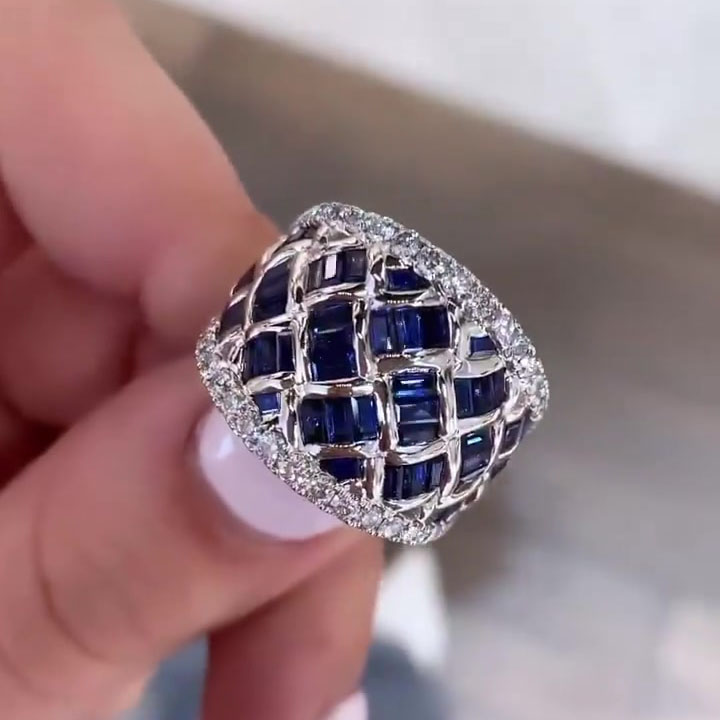 8.35ct Luxury Basket Weave Baguette Cut Blue & White Sapphire Eternity Ring