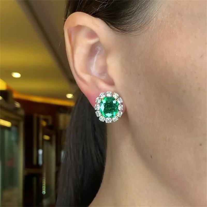 Cushion Cut Emerald Green Sapphire Stud Earrings