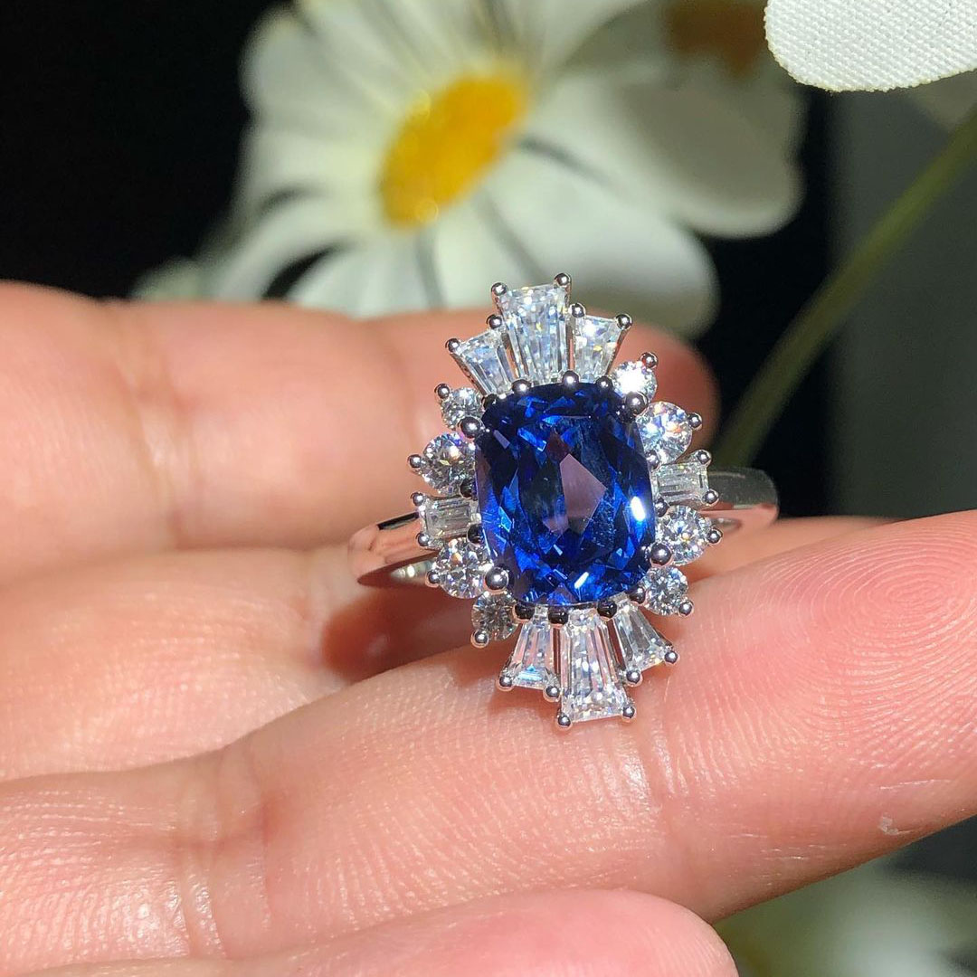 4ct Cushion Cut Blue Sapphire Engagement Ring