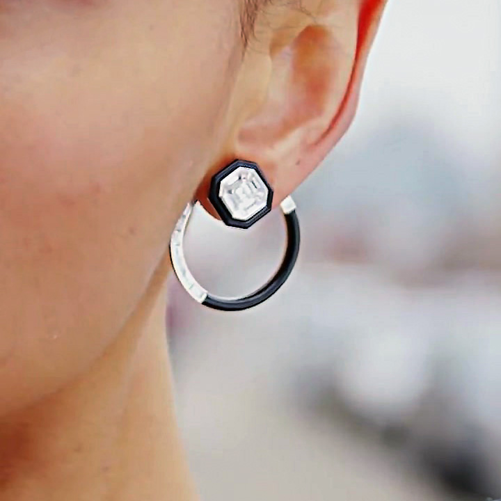 Black Onyx  Design Ascher Cut White Sapphire Hoop Earrings