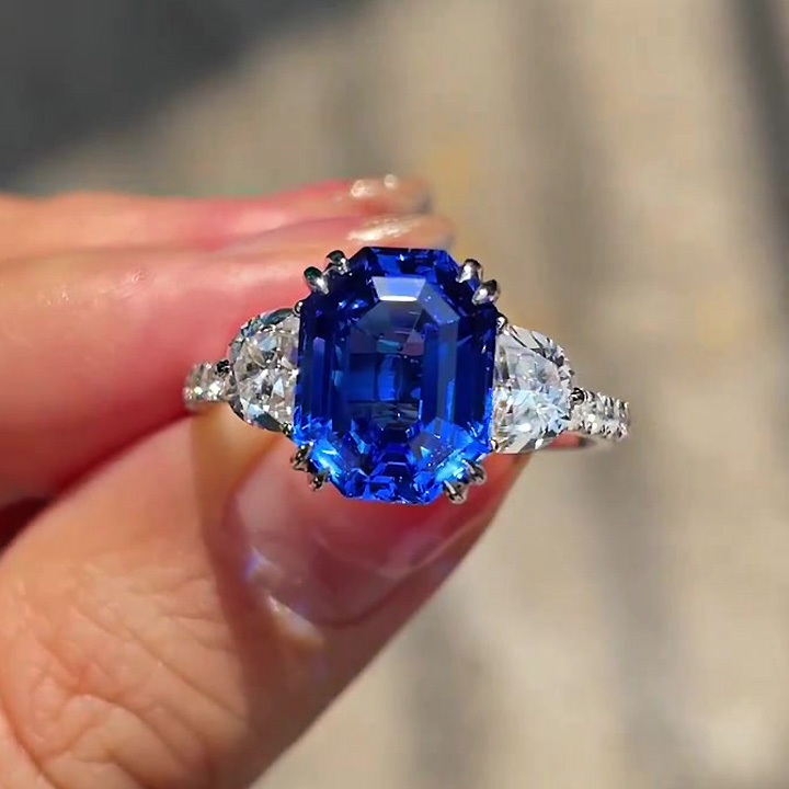 5ct Emerald Cut Blue Sapphire Engagement Ring with 2 Half-moon Stones