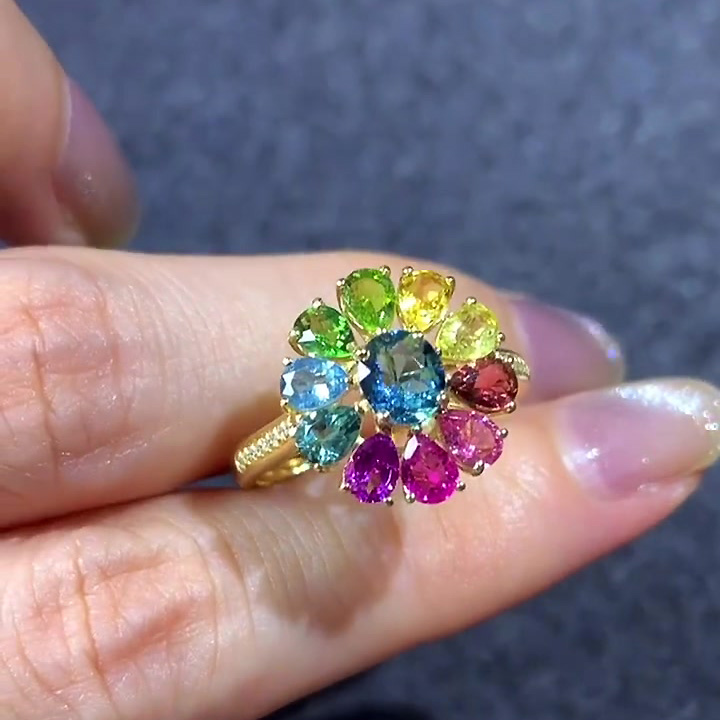 3.55ct Sunflower Design Pear Cut Rainbow Sapphire Engagement Ring
