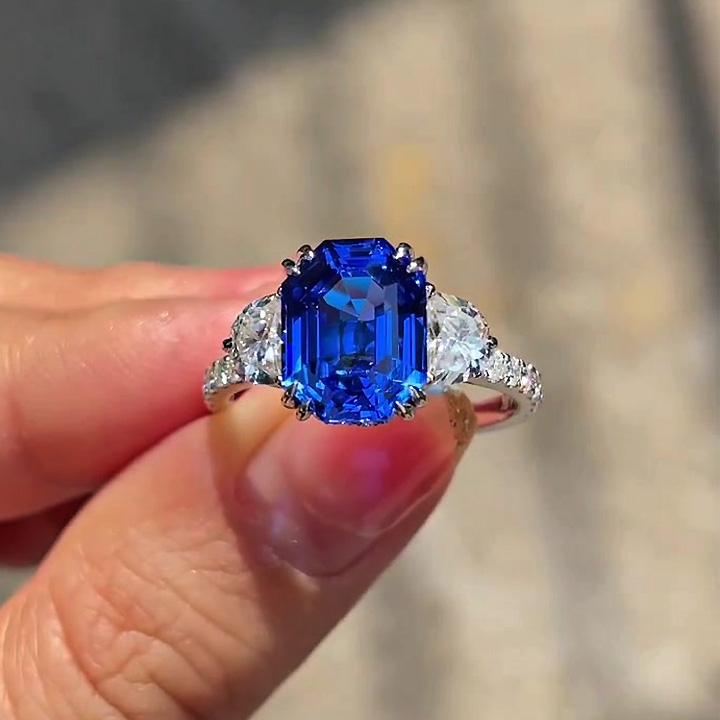 5ct Emerald Cut Blue Sapphire Engagement Ring with 2 Half-moon Stones