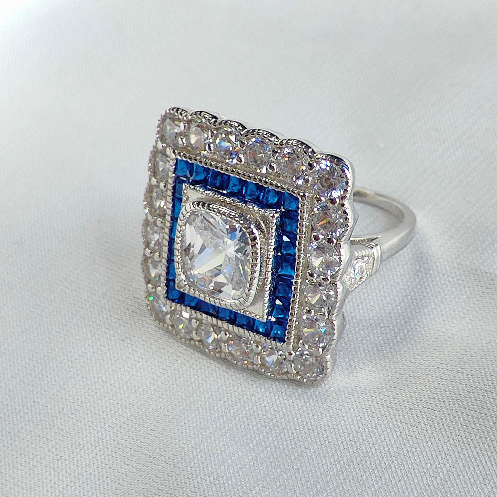 5ct Art Deco Sapphire Halo Cushion Cut White Sapphire Ring