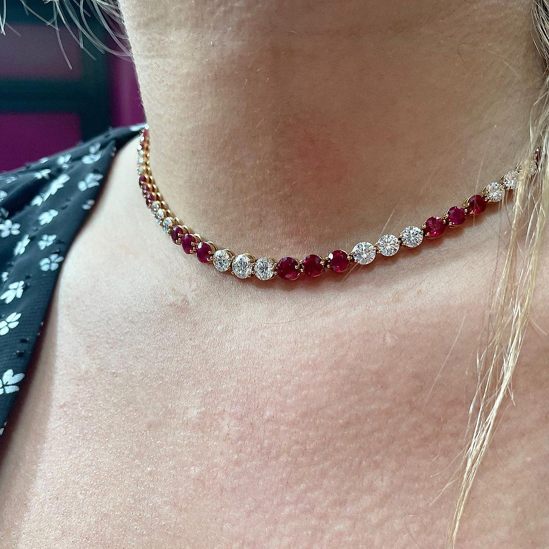 Round Cut Ruby Sapphire Tennis Necklace