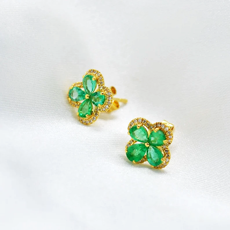 Pear Cut Green Leaf Clover Sapphire Stud Earrings