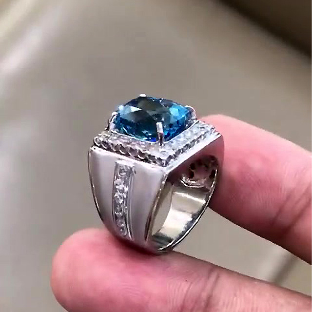 5ct Cushion Cut Aquamarine Sapphire Men's Engagement Ring