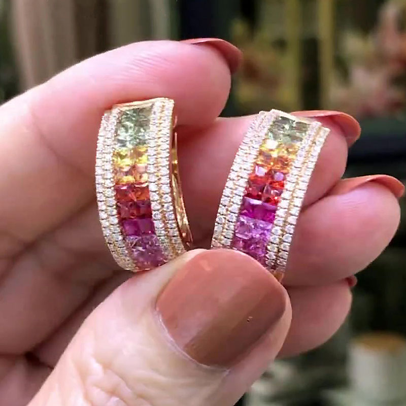Princess Cut Rainbow Sapphire Hoop Earrings