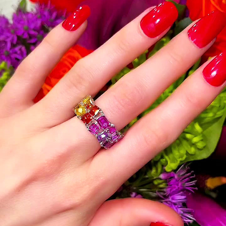 6.75ct Irregular Cut Rainbow Sapphire Eternity Ring