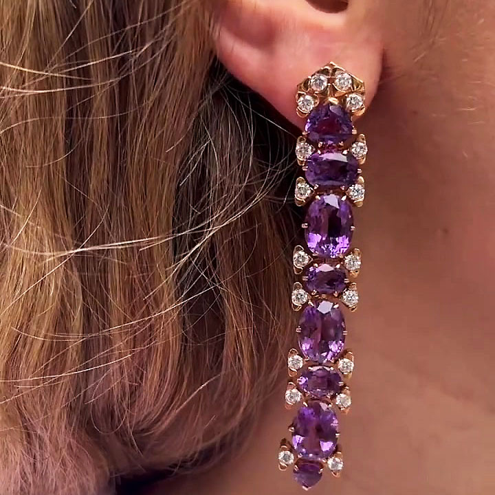 Art Deco Irregular Cut Amethyst Sapphire Drop Earrings