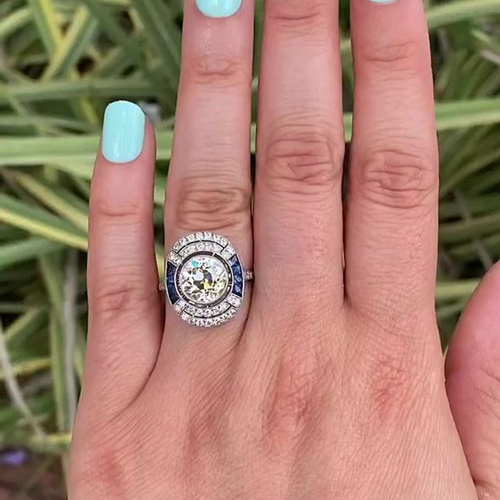 4ct Art Deco Round Cut Blue Sapphire Engagement Ring