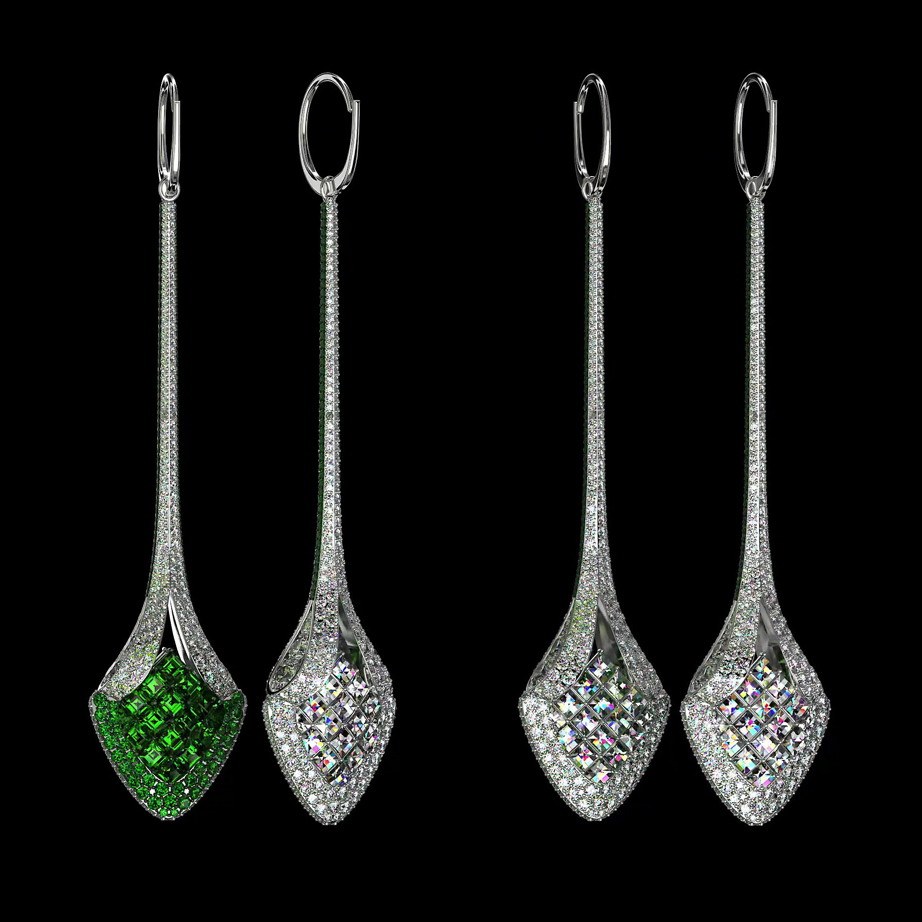 Princess&Round Cut Emerald Sapphire Drop Earrings