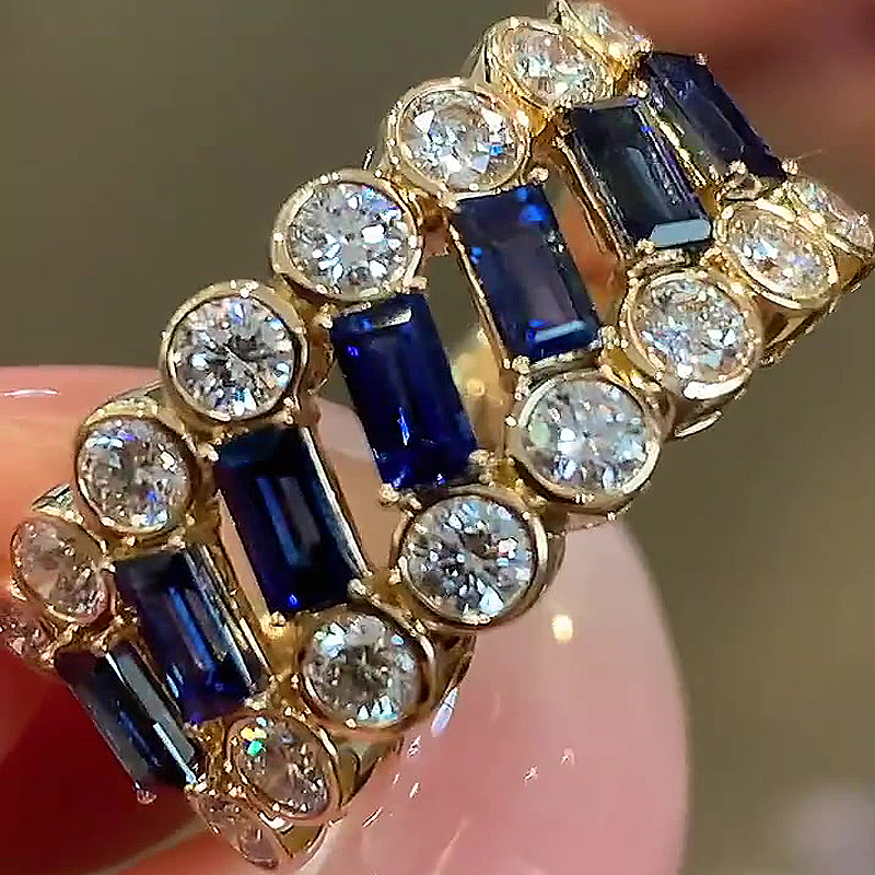 7.65ct Emerald&Round Cut Blue Sapphire Half Eternity Ring