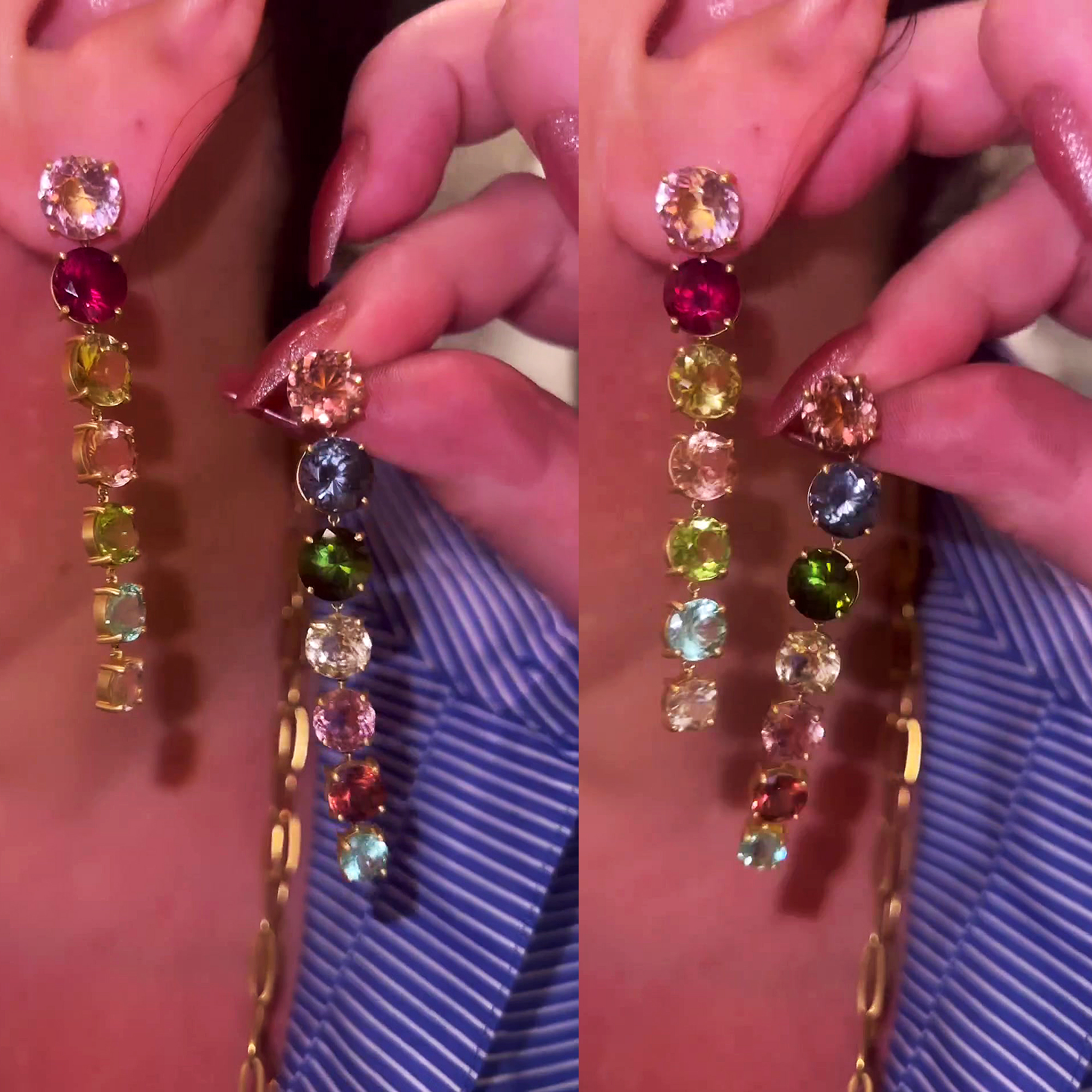 Round Cut Rainbow Sapphire Drop Earrings