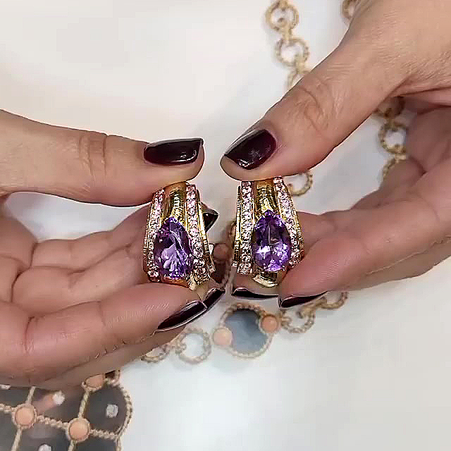 Vintage Design Pear Cut Amethyst Sapphire Hoop Earrings