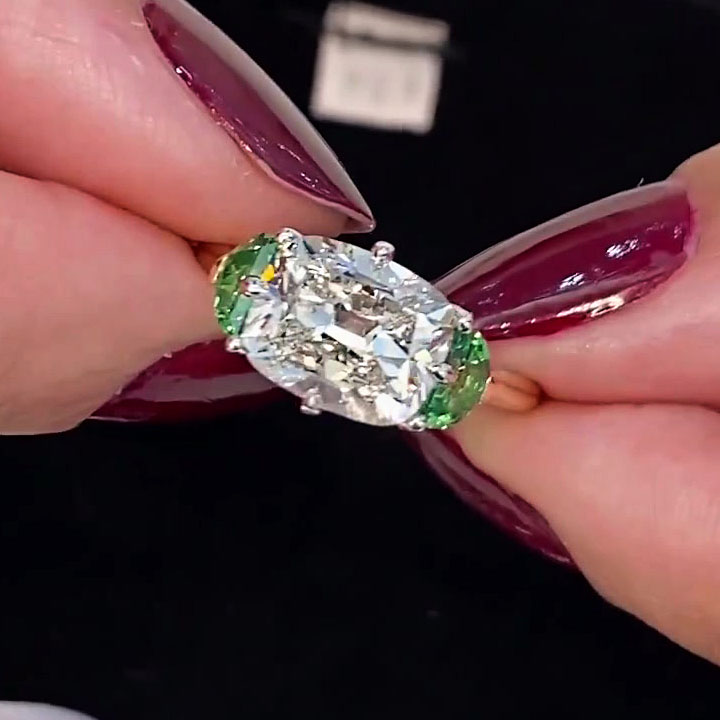 5ct Three-Stone Cushion Cut Green Sapphire Engagement Ring