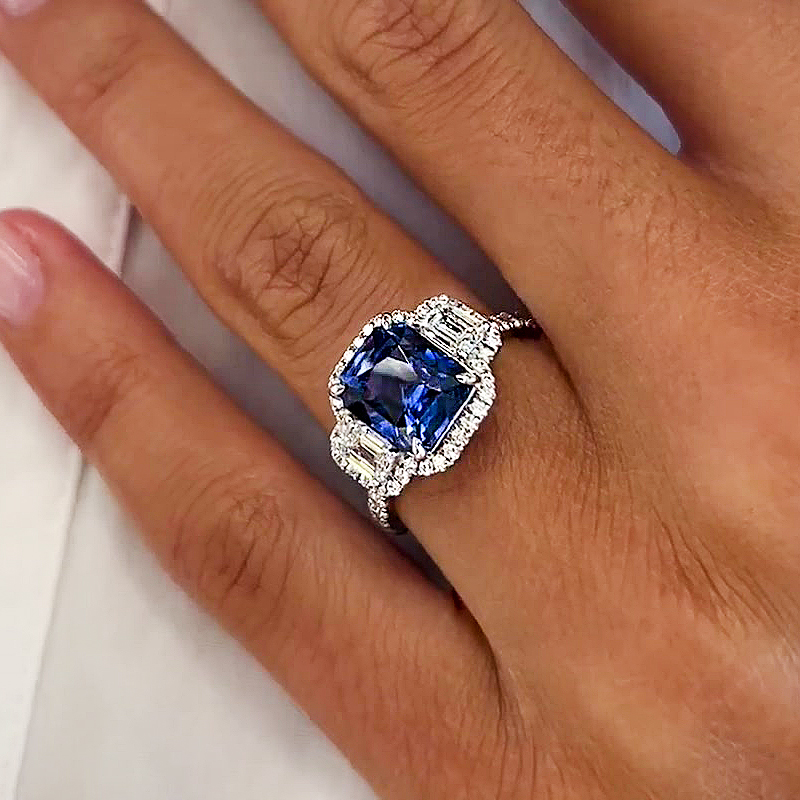 5ct Three-Stone Cushion Cut Blue Sapphire Engagement Ring