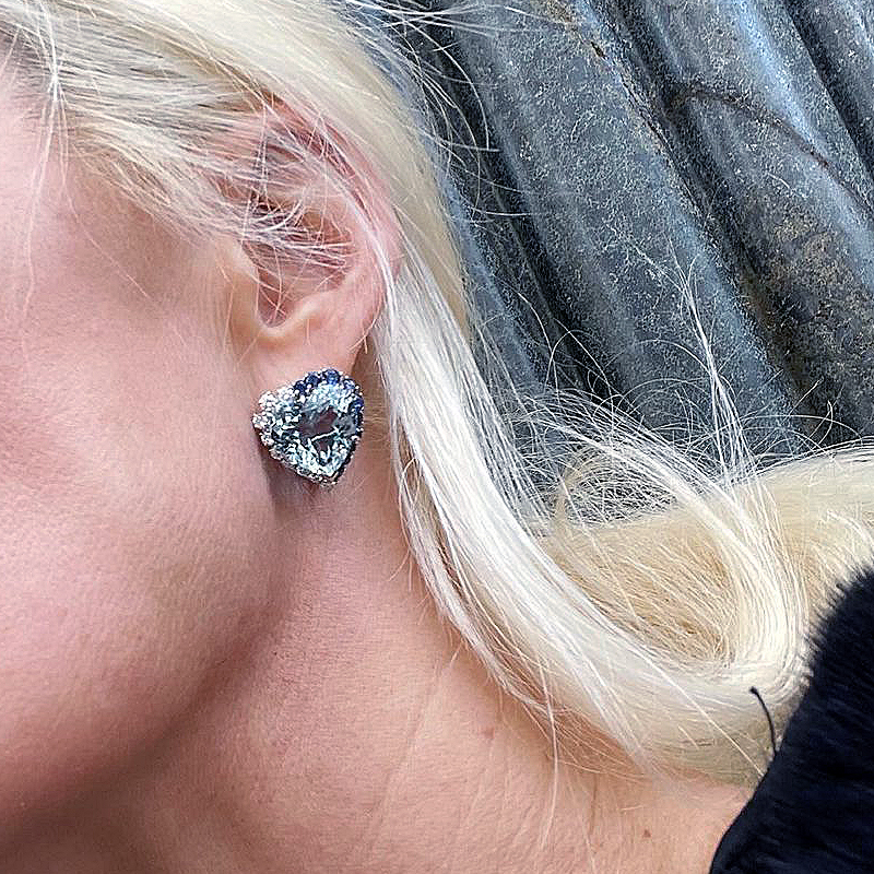 Heart Cut Aquamarine Sapphire Stud Earrings