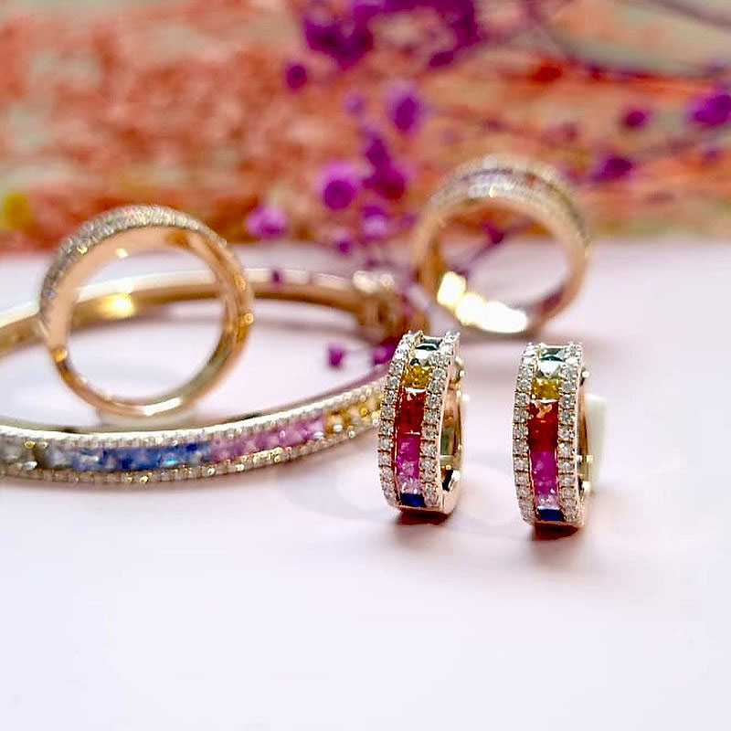 Princess Cut Rainbow Sapphire Hoop Earrings
