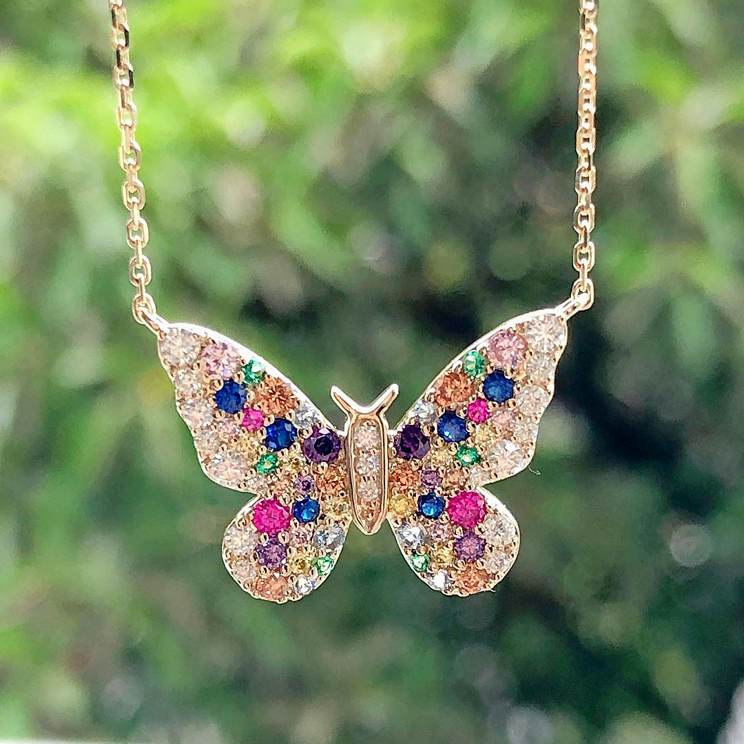 Round Cut Rainbow Butterfly Sapphire Pendant Necklace